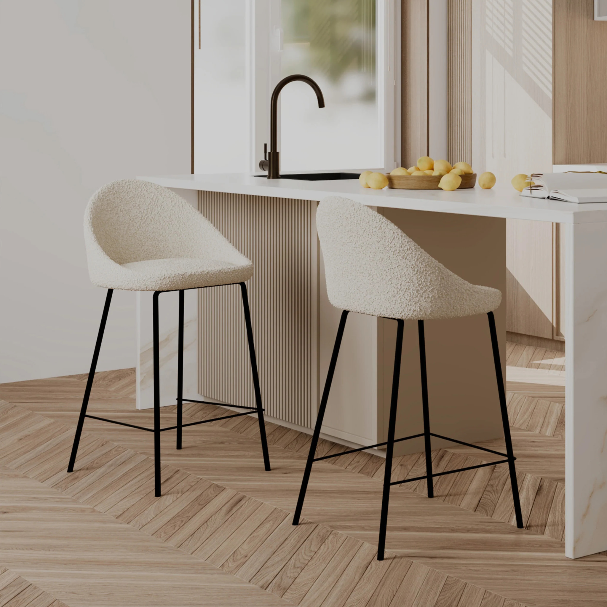 Lot de 2 chaises pour îlot central 65 cm en tissu bouclette blanc - Misty