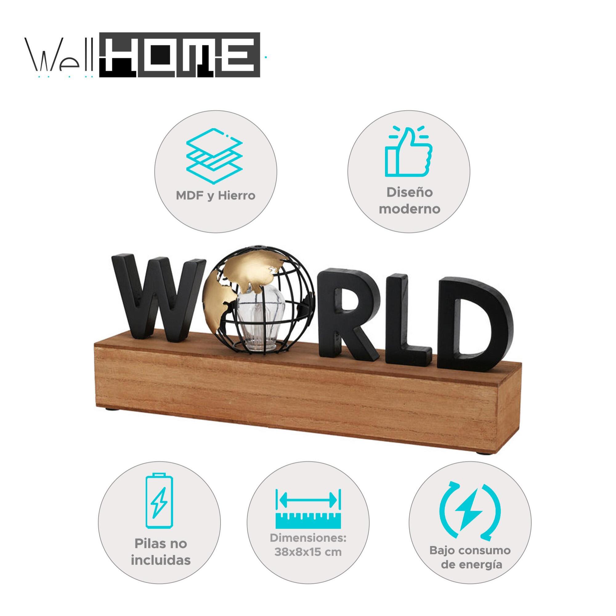 Well home lámpara con texto led ''world'' - decoración moderna en mdf y hierro 38x8x15cm