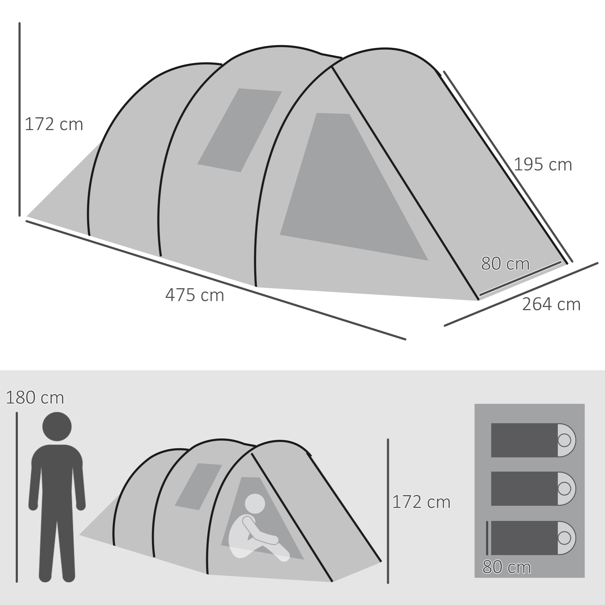 Tienda de Campaña de Túnel Tienda Camping para 3-4 Personas Impermeable PU2000 mm Protección UV30+ con Ventanas y Bolsa de Transporte para Senderismo 475x264x172 cm Verde