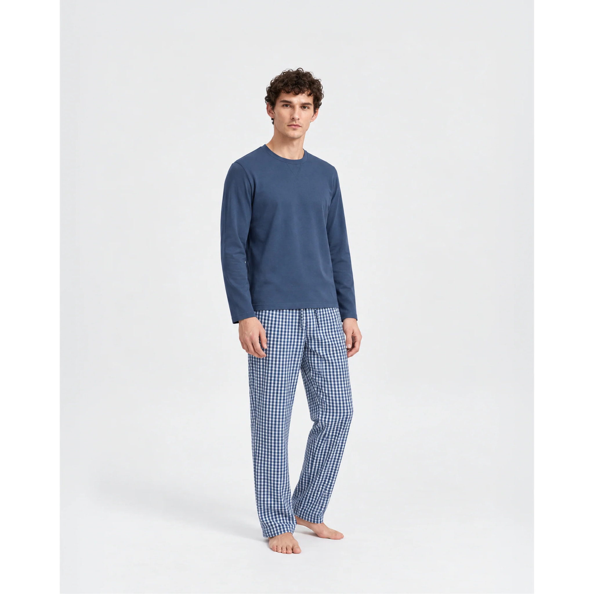 Pigiama lungo da uomo joshua in cotone a quadri blu navy