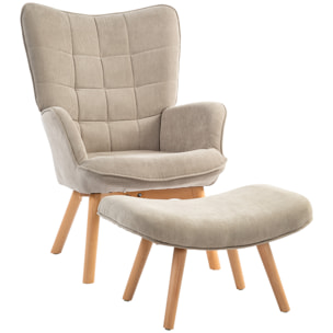 Fauteuil à oreilles et son repose-pieds piètement bois velours côtelé dossier effet capitonné marron clair