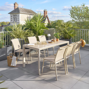 Table de jardin "Évasion" effet bois lin & argile 6 places lates en aluminium