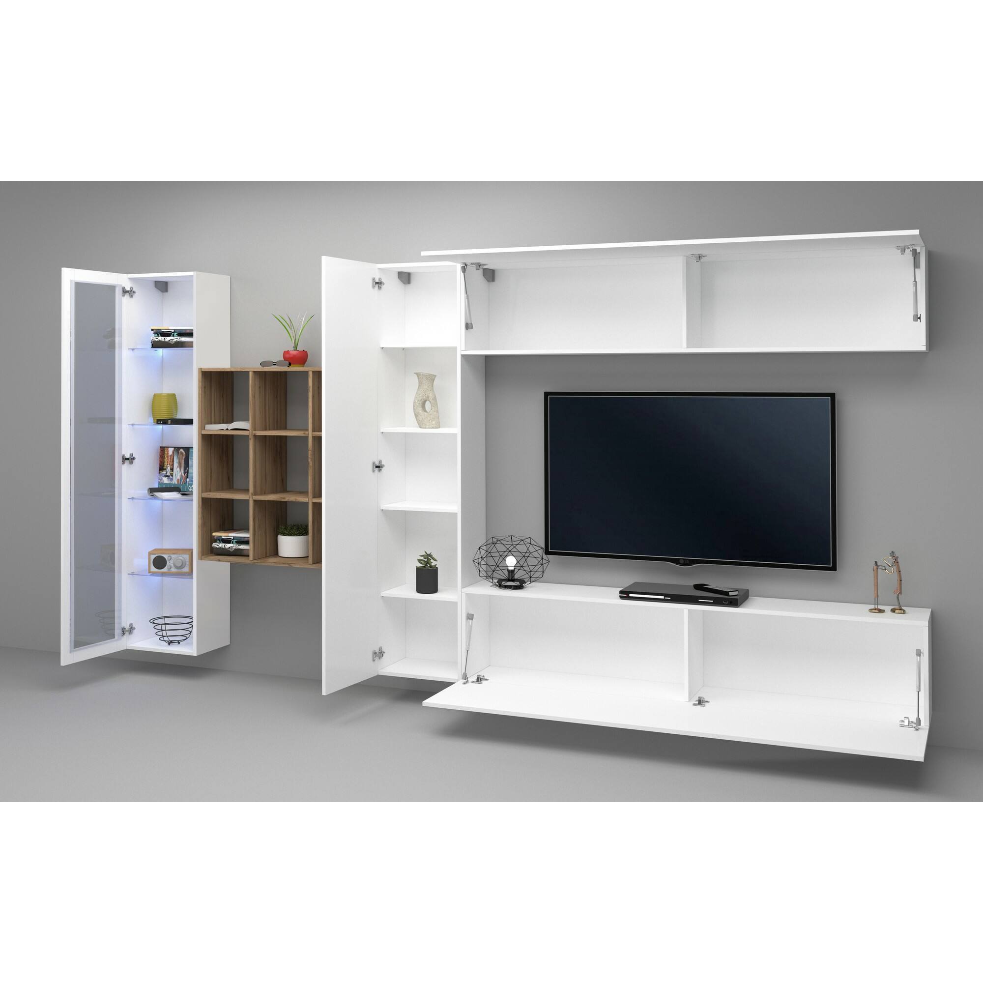 Parete attrezzata Davis, Set salotto porta TV a 4 ante, Mobile soggiorno multiuso con vetrina e luce LED, 100% Made in Italy, cm 310x30h180, Bianco lucido e Acero