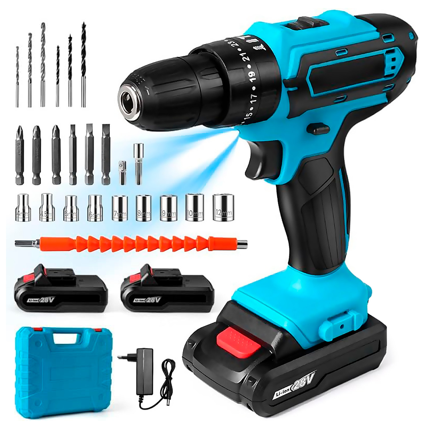 Set di attrezzi con valigetta, trapano elettrico senza fili e 28 accessori.