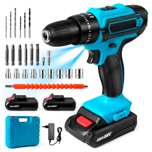Set di attrezzi con valigetta, trapano elettrico senza fili e 28 accessori.
