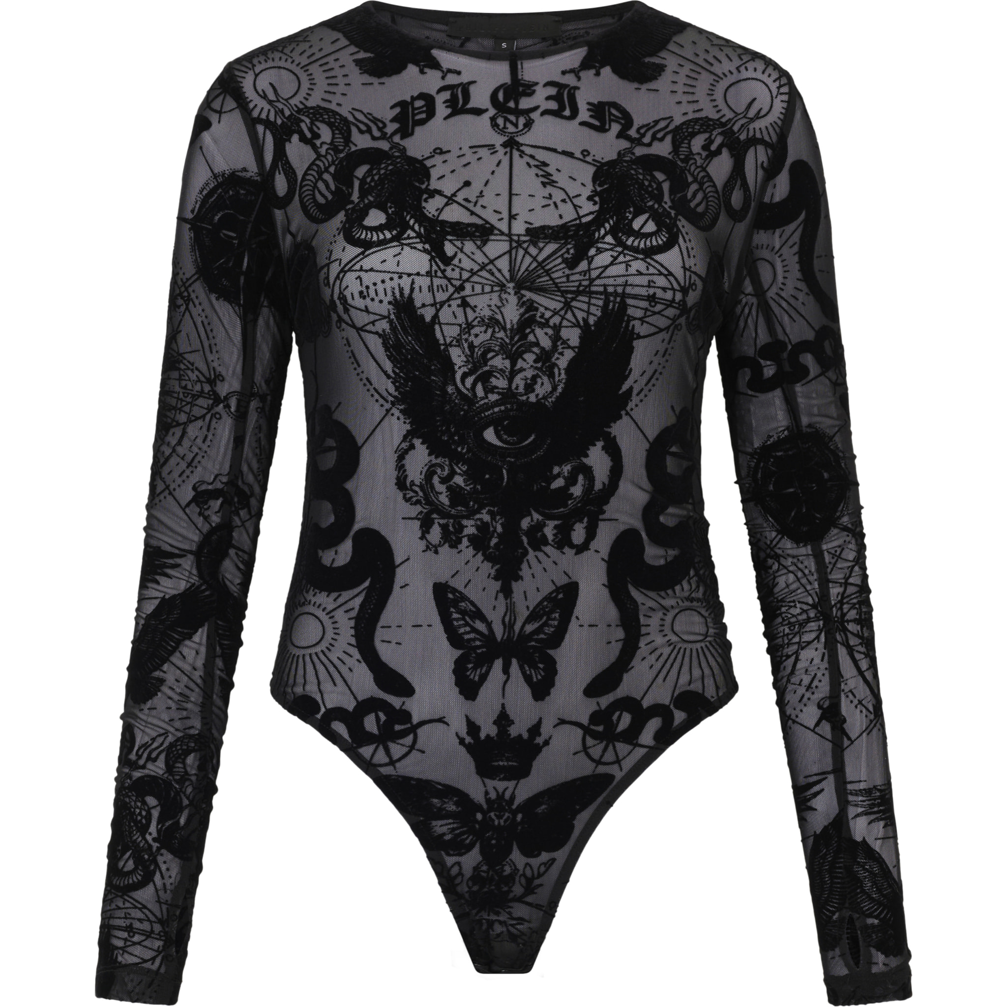 PHILIPP PLEIN Long Sleeve Bodysuit Flock Butterfly Tattoo