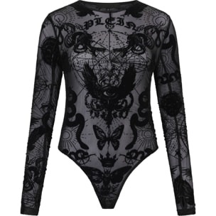 PHILIPP PLEIN Long Sleeve Bodysuit Flock Butterfly Tattoo