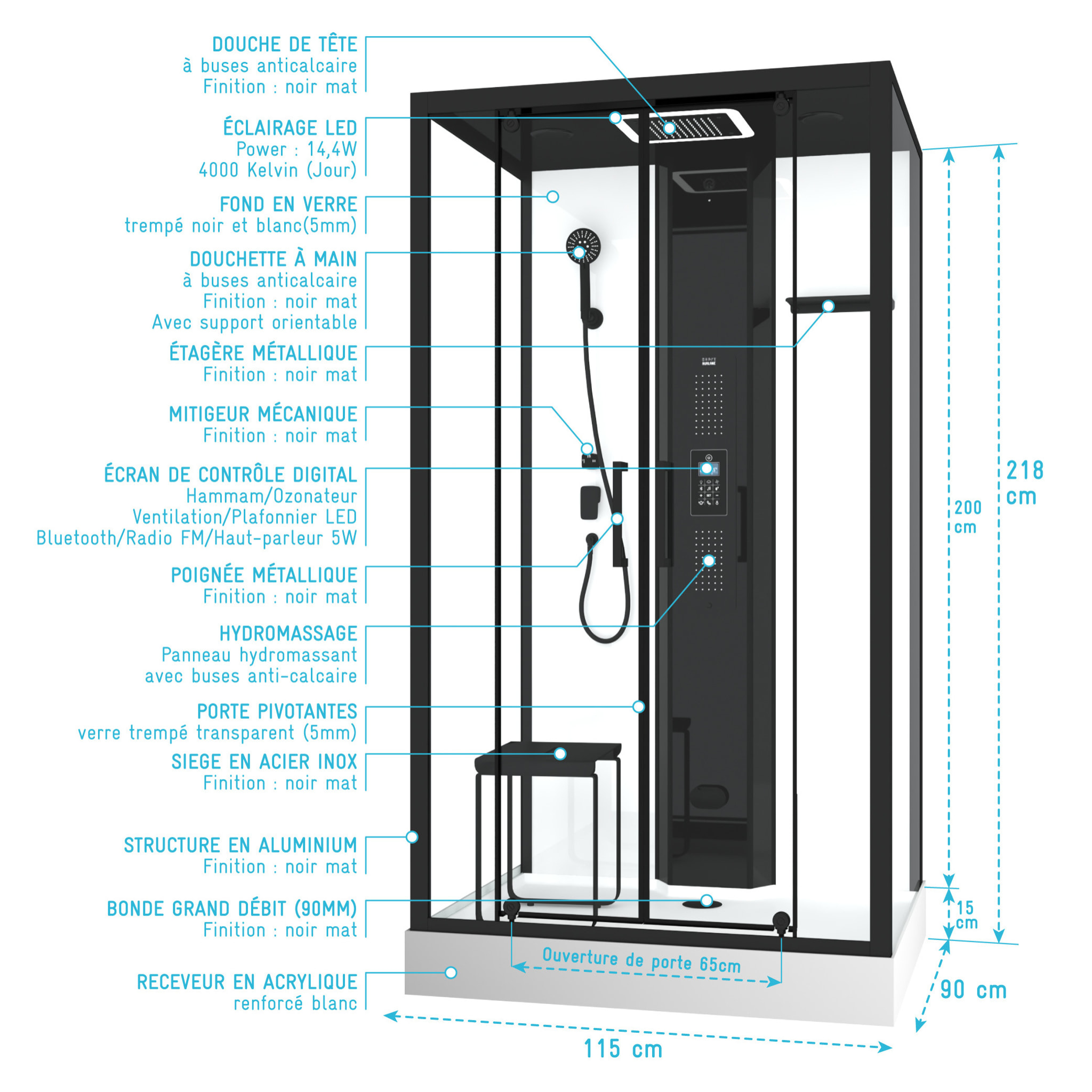 Cabine de douche rectangle 115x90x218 cm - Fonction HAMMAM, Jets Hydromassants, Led et Bluetooth
