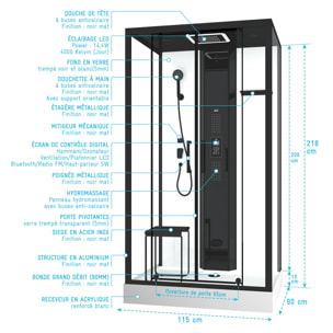 Cabine de douche rectangle 115x90x218 cm - Fonction HAMMAM, Jets Hydromassants, Led et Bluetooth