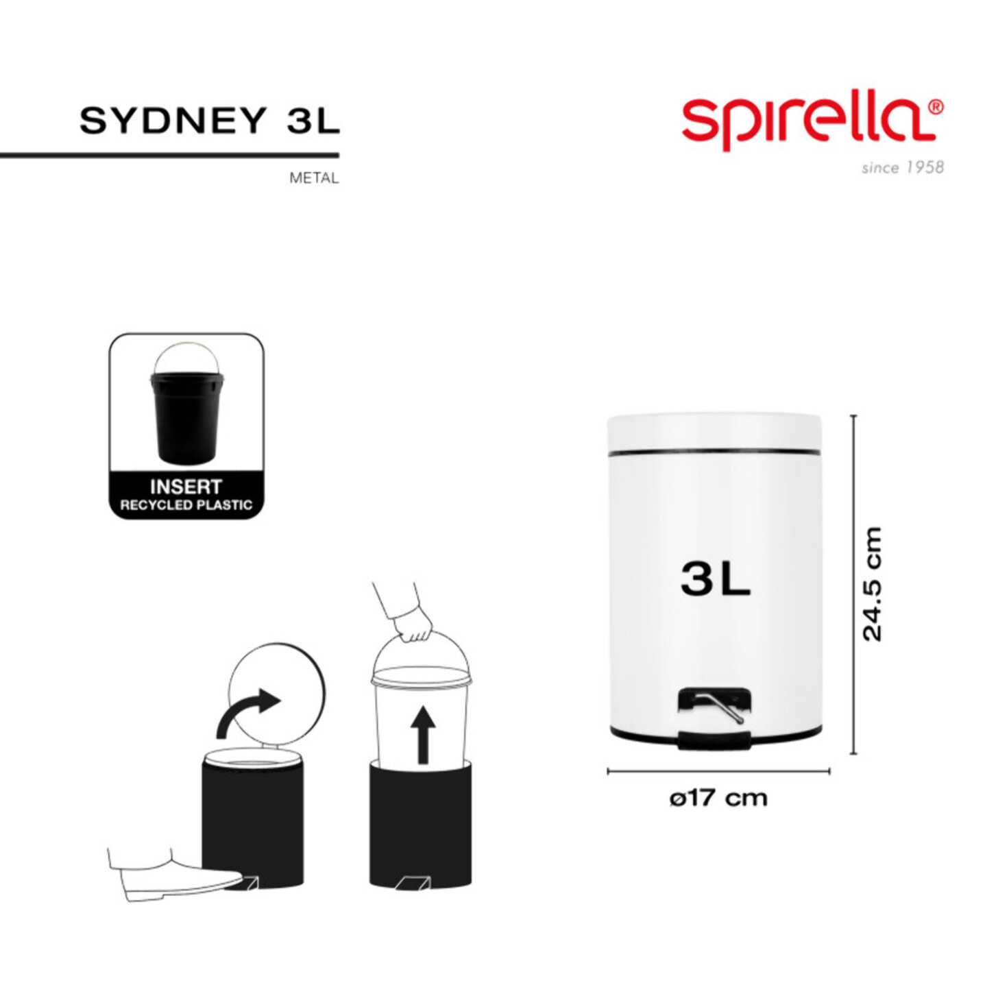 Poubelle à pédale Acier SYDNEY 3L Blanc Spirella