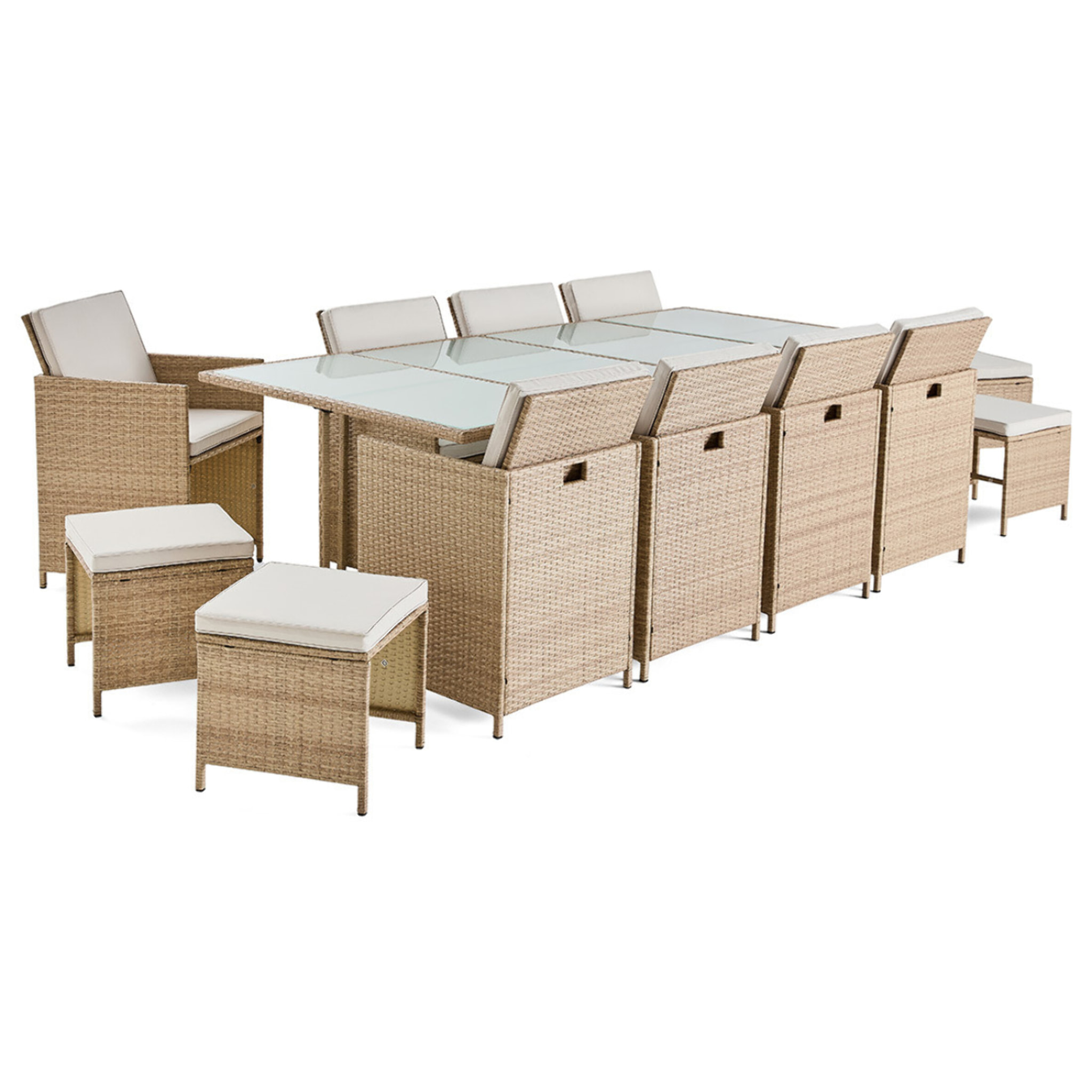 Fira – salon de jardin encastrable en résine tressée beige - 12 places - coussins beige + housse de protection - Beige