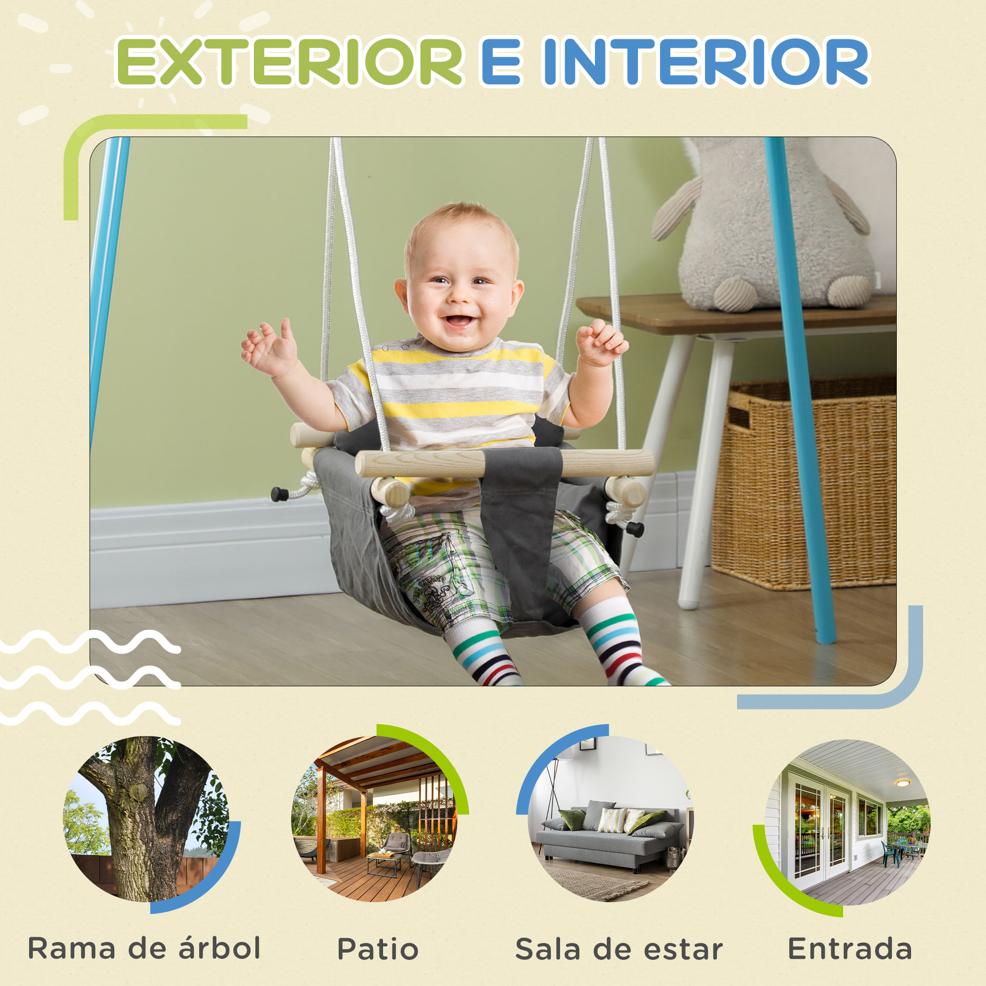 Columpio para Bebés de 9-36 Meses con Cuerdas Ajustables Columpio Infantil con Asiento Acolchado Carga 70 kg para Interiores y Exteriores 40x40x110-180 cm Gris Oscuro