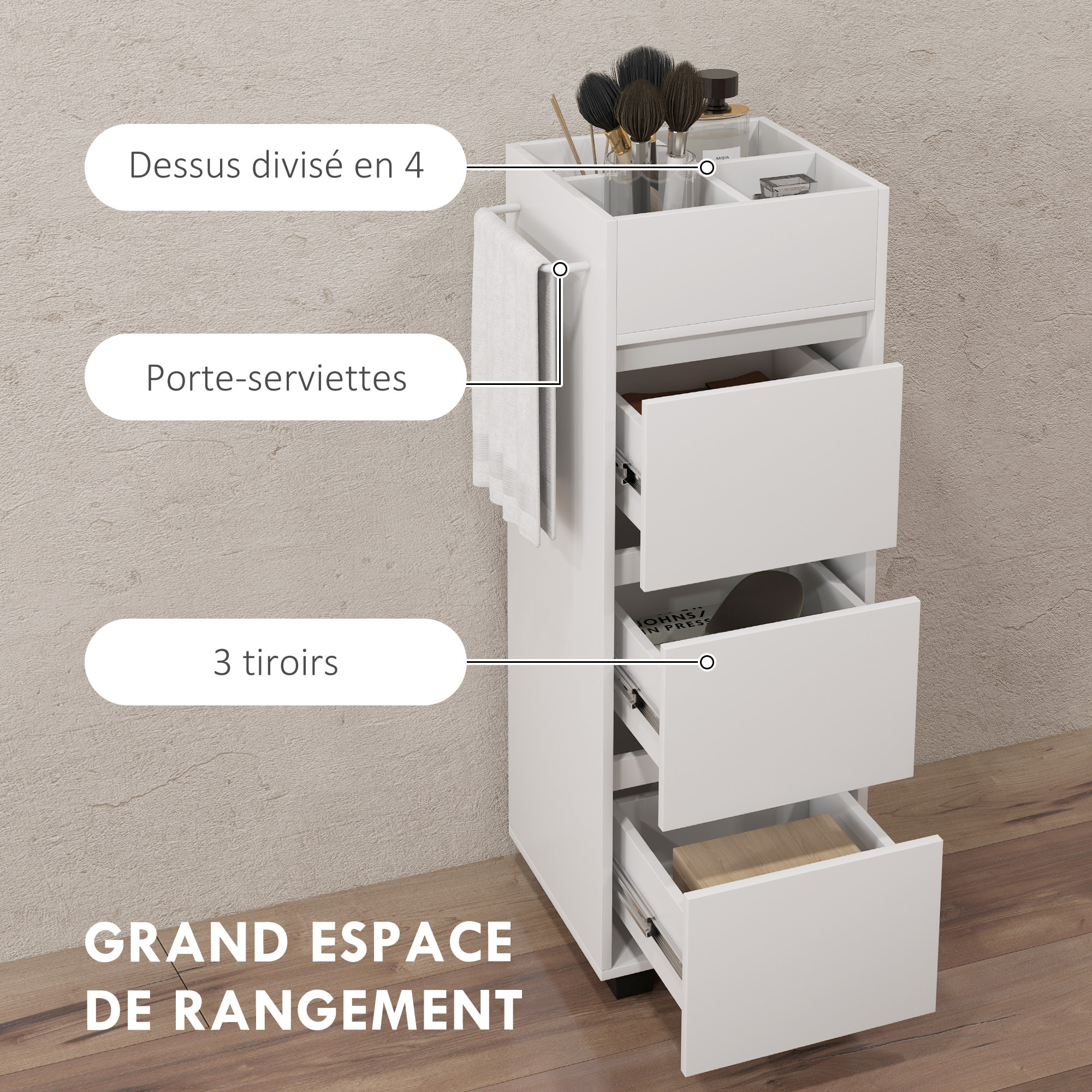 Meuble de salle de bain meuble de rangement avec 4 compartiments sur le dessus, 3 tiroirs et porte-serviettes pour les espaces étroits, 35 x 30 x 90cm, blanc