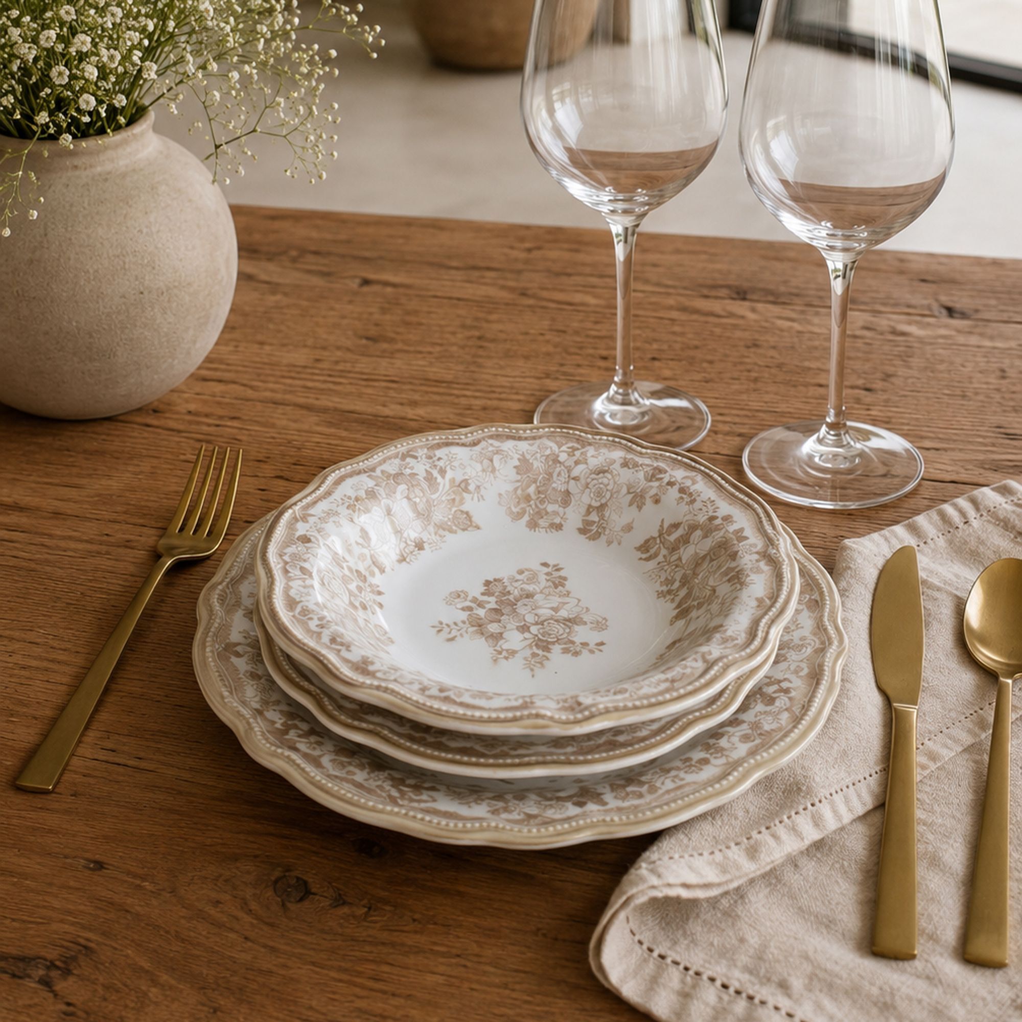 Lot de 6 assiettes creuses fleuries en grès miel 22cm FAUSTINE