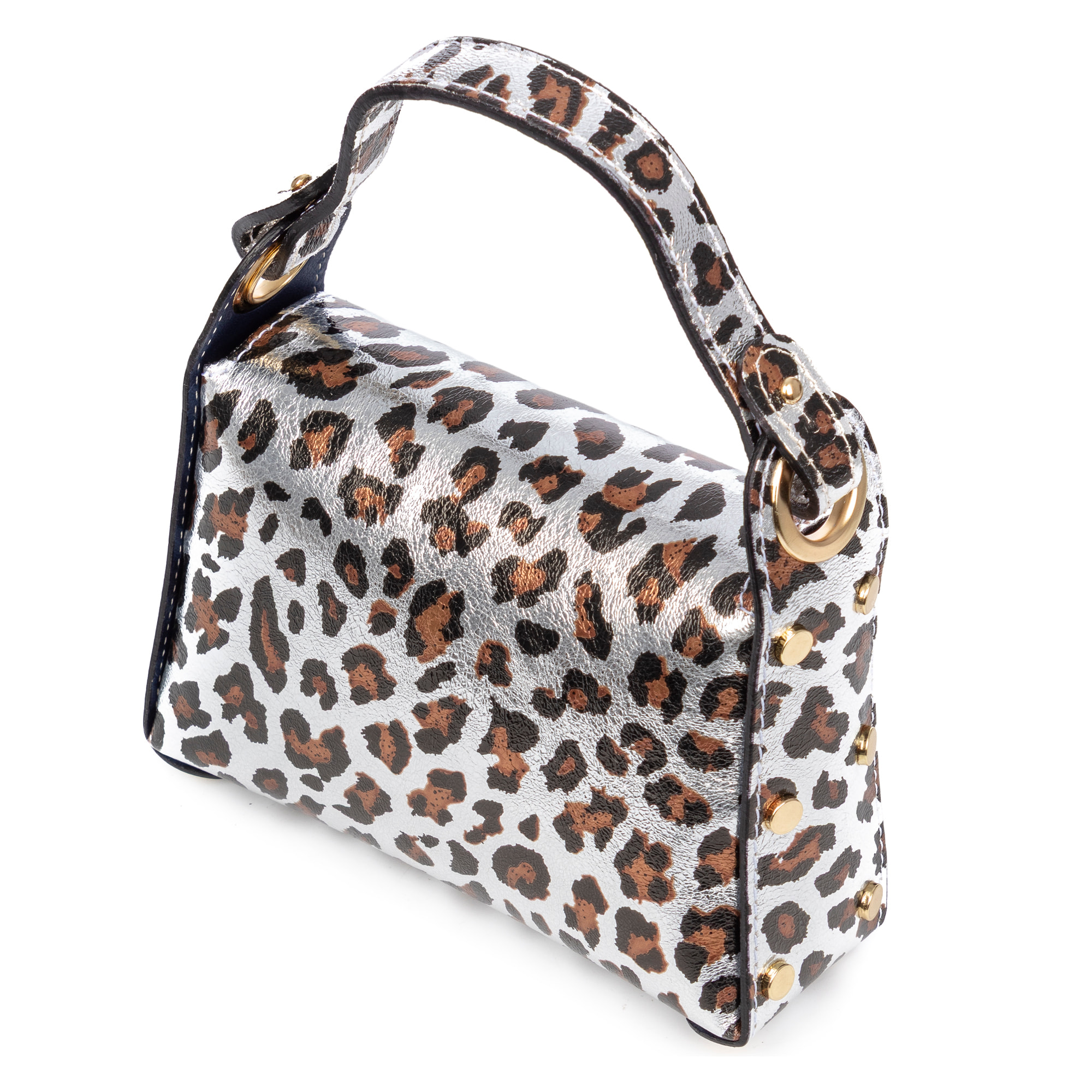 Aquileia bolso de mano mujer. Piel auténtica Gamuza con estampado animal print leopardo lacada brillante.