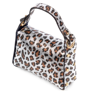 Aquileia bolso de mano mujer. Piel auténtica Gamuza con estampado animal print leopardo lacada brillante.