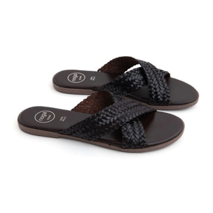 Ciabatta Flat "Woven Cross" in Vera Pelle - MARRONE