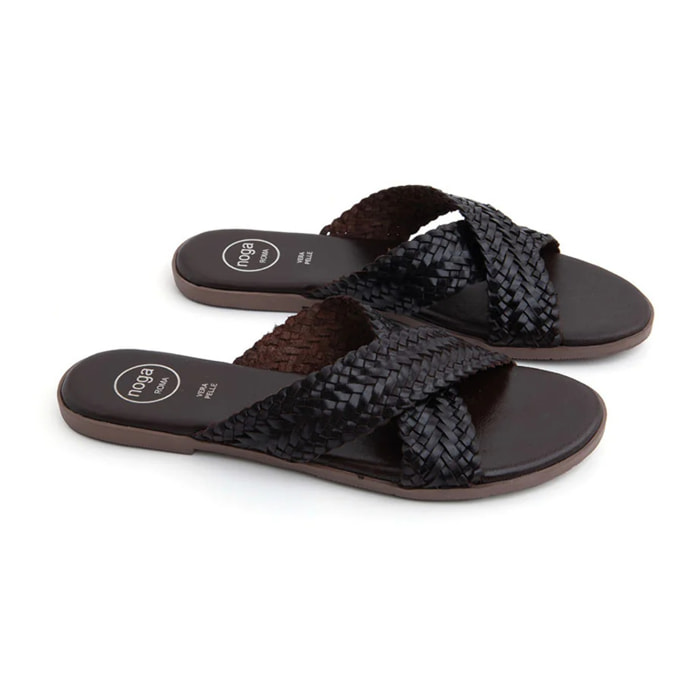 Ciabatta Flat "Woven Cross" in Vera Pelle - MARRONE