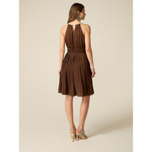 Oltre - Vestito flare in raso con collana gioiello - Marrone