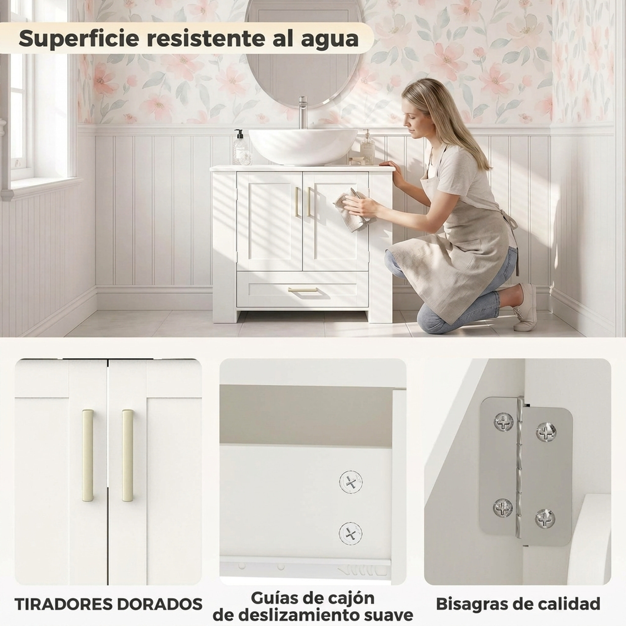 HOMCOM Mueble Bajo Lavabo, Mueble de Baño con Estantes en la Puerta, Portarrollos, Cajón, Compartimentos Abiertos, para Lavabo sin Pedestal, 80x30x62 cm, Blanco