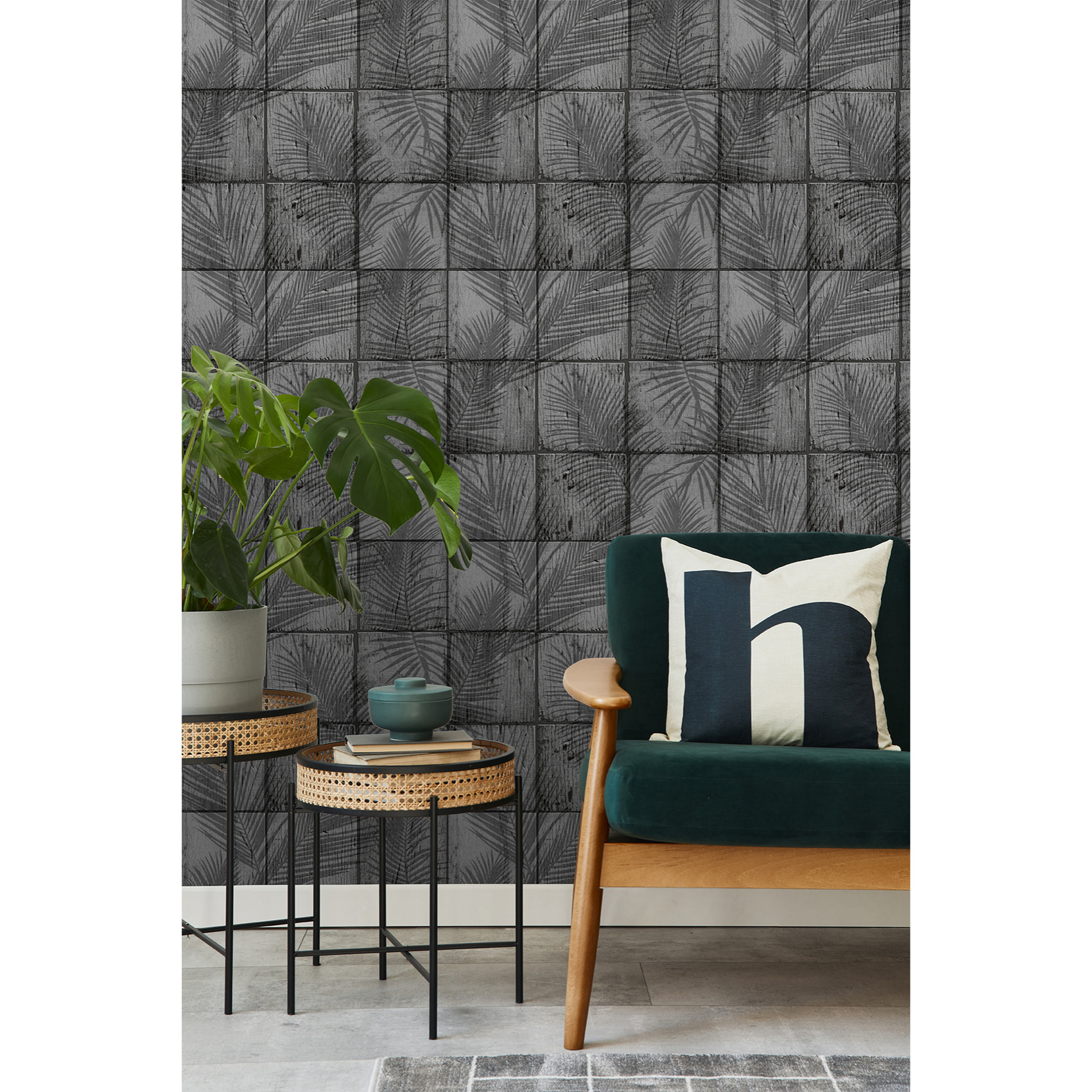 Papier peint carreaux bois patiné ombres palmiers