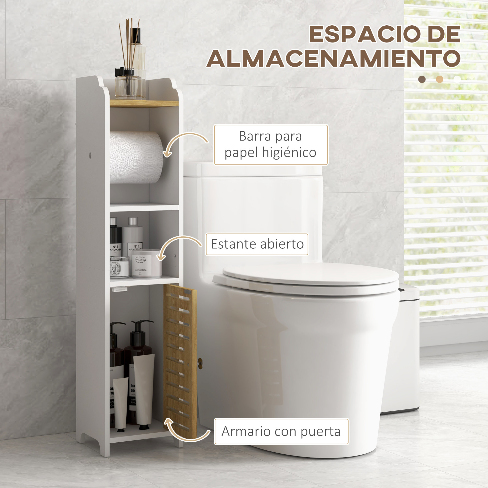 Armario de Baño Moderno Columna Auxiliar de Baño Mueble de Suelo de Baño con Estantes 1 Puerta y Portarrollos de Papel para Dormitorio Sala 18x20x90 cm Blanco y Roble