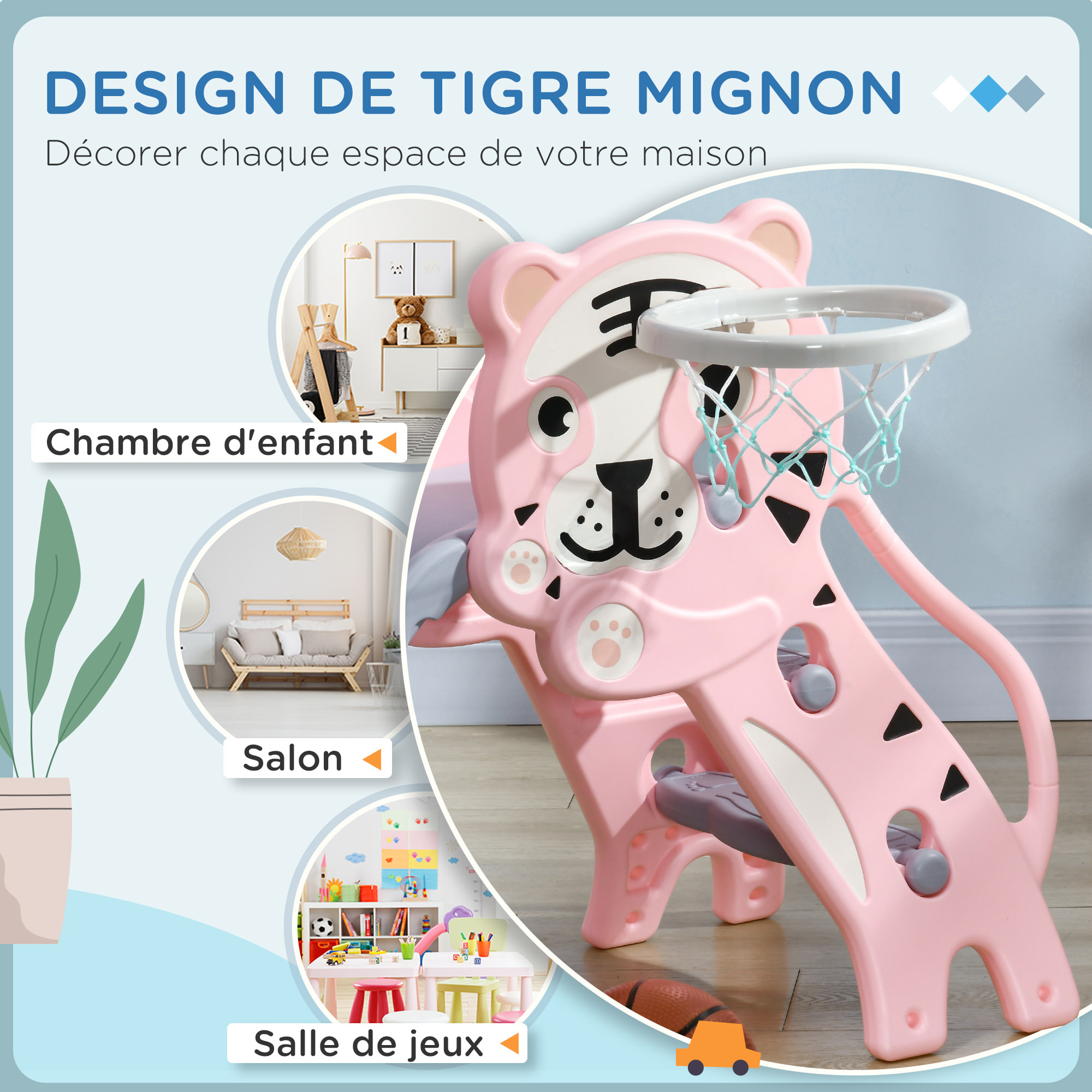 Toboggan enfant panier basket design tigre 18-36 mois usage intérieur - balle, pompe incluses - PE rose gris