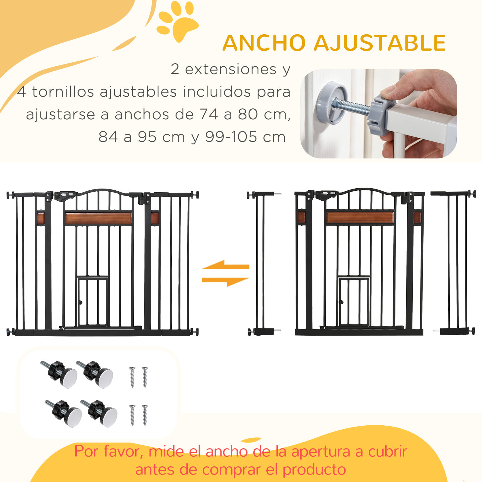 Barrera de Seguridad Perros para Puertas y Escaleras 74-105 cm con 2 Extensiones