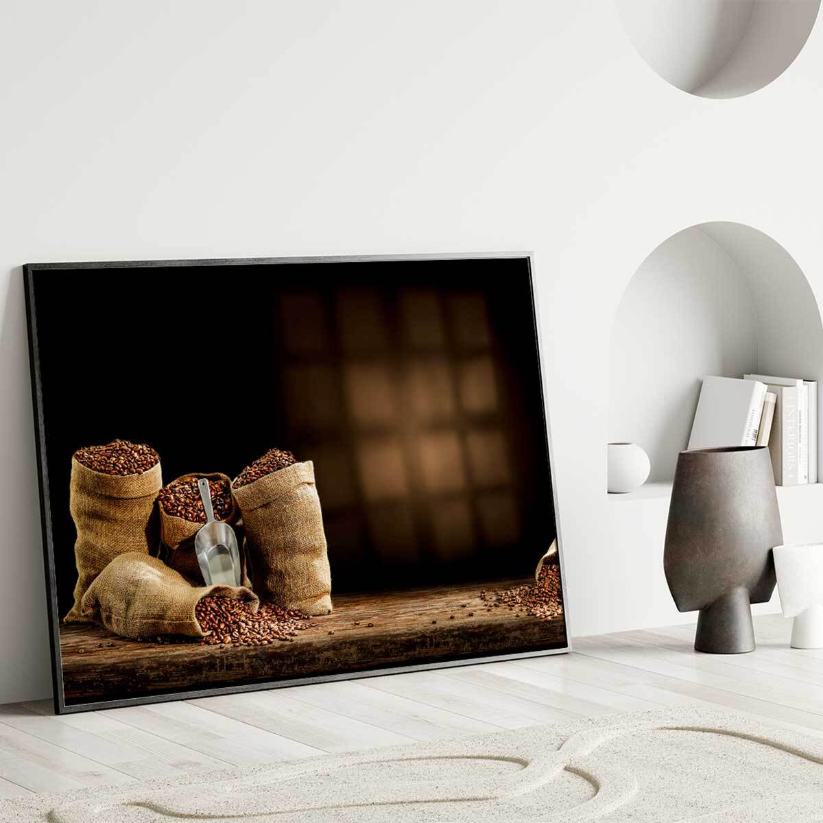 Affiche encadrée sacs grains de café fond noir Affiche + cadre en métal - Noir