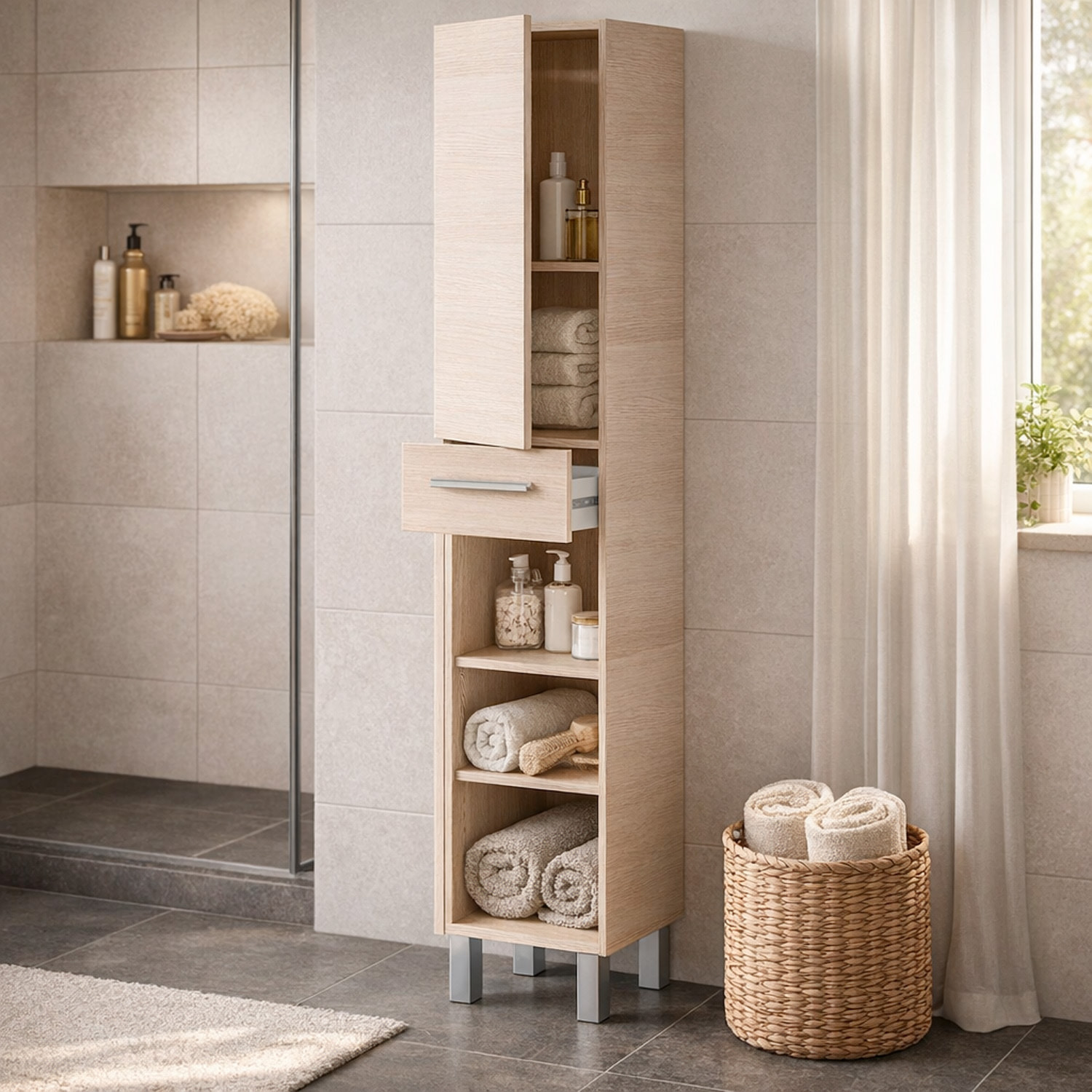 Mobile Alto Da Bagno Con 2 Ante E Cassetto Colonna Mobiletto Armadietto Salvaspazio In Melamina Lavanderia 182 x 35 x 30.5 Cm Rovere