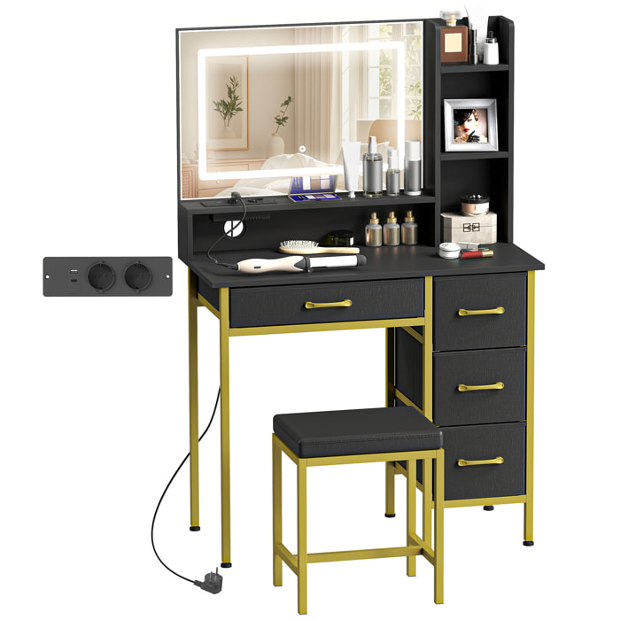 Tocador de Maquillaje con Espejo y Luces LED, Estación de Carga, Tocador con Taburete, 3 Colores de Luz, Estación de Carga, 4 Cajones de Tela, Estantes, para Dormitorio, Negro