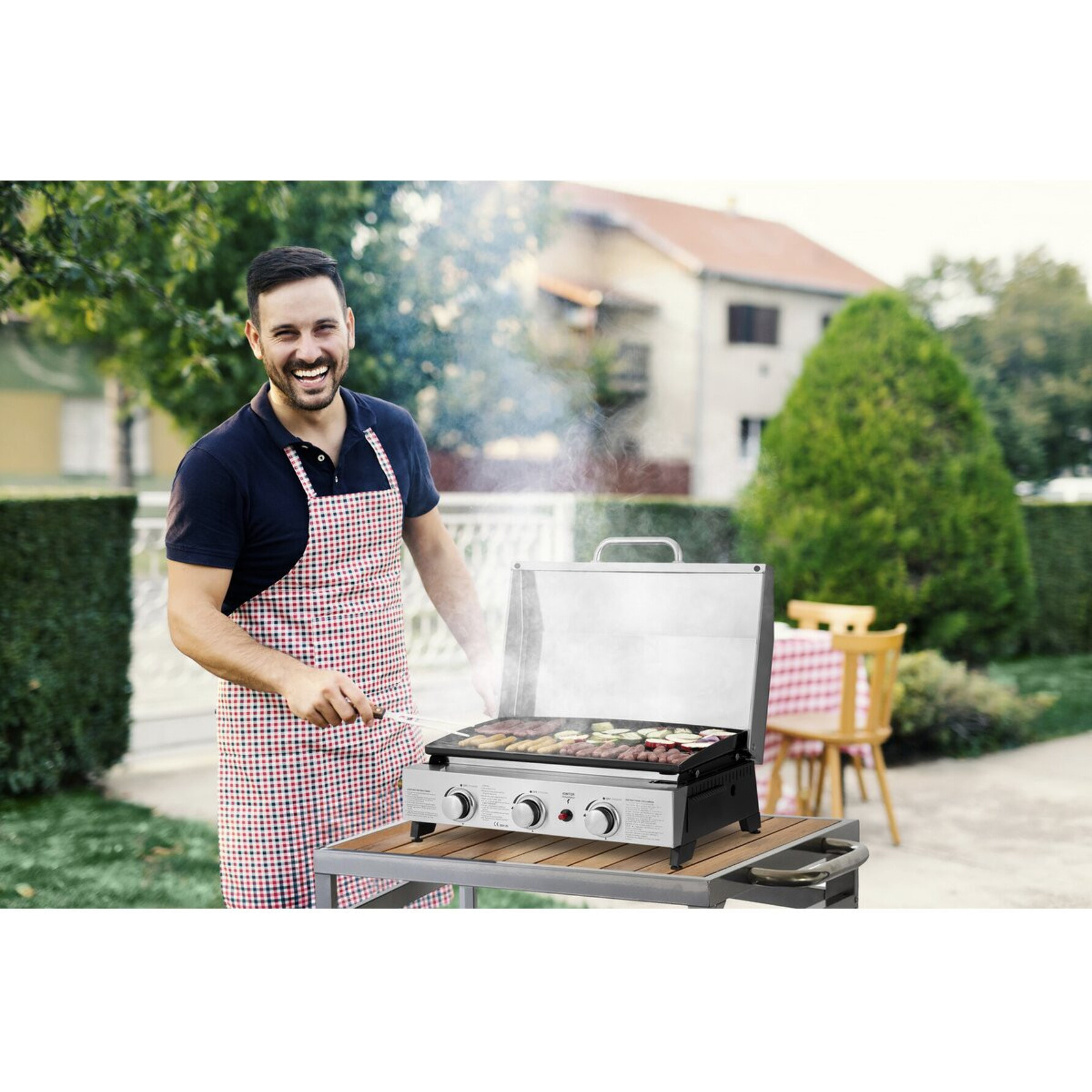Plancha à gaz avec 3 bruleurs et couvercle en métal "Fasto" - 7,5 kw - Gris