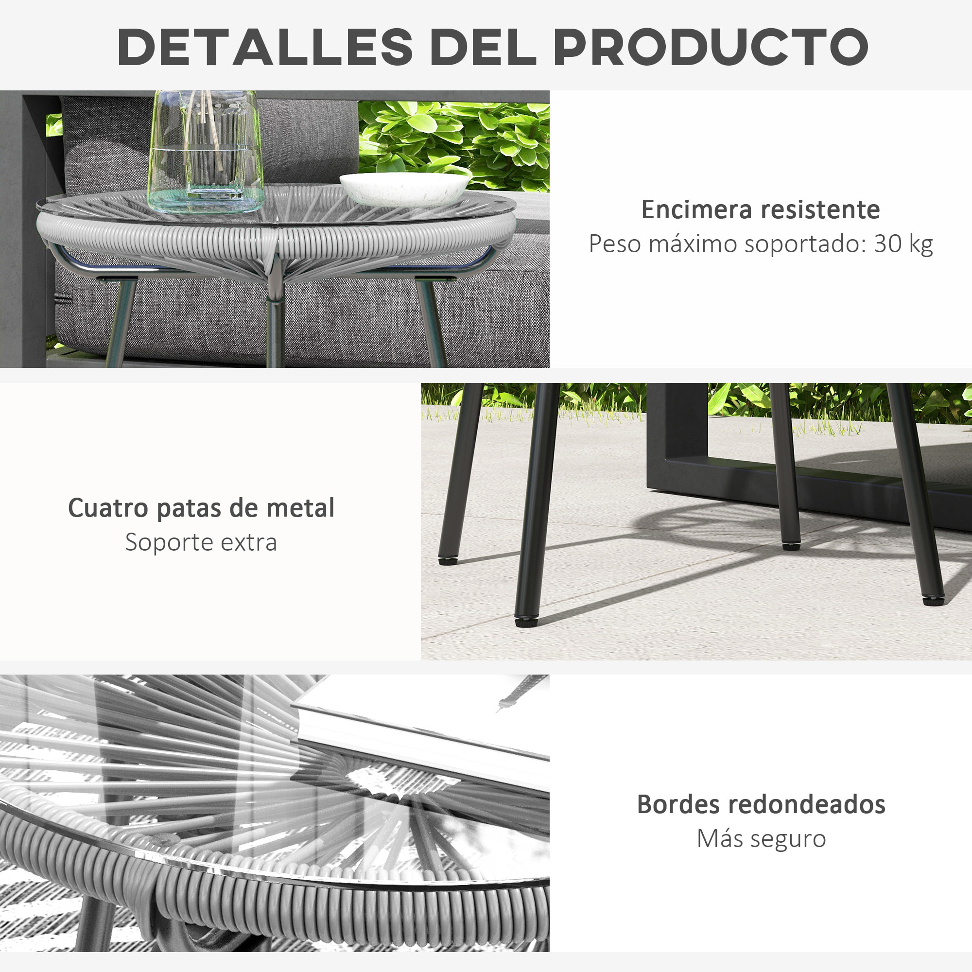Mesa de Jardín de Ratán Sintético Mesa de Centro Redonda para Exteriores con Tablero de Vidrio Templado y Patas de Metal para Patio Balcón Ø50x50 cm Gris