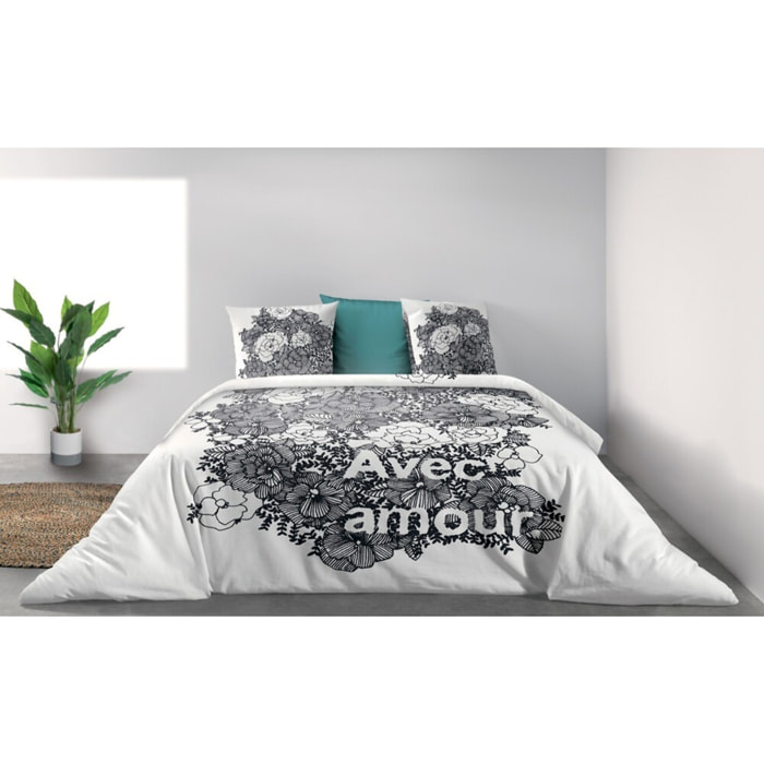 Parure De Couette 3pcs avec Taies oreiller 100% Coton Bio 47 Fils/cm2- Avec Amour
