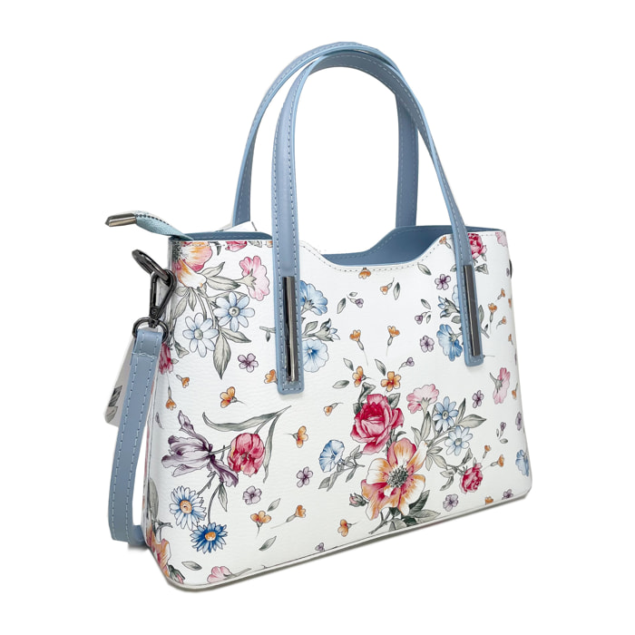 Chicca Borse - Borsa a Mano Donna in Vera Pelle - Colore Fiori - Cielo