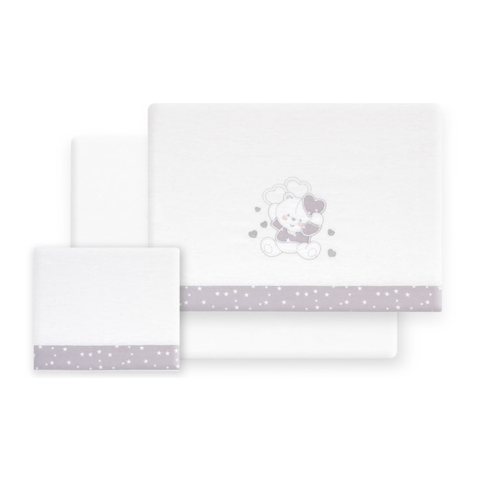 Triptico Coche Franela D. Algodon Oso Corazones Bco/Gris