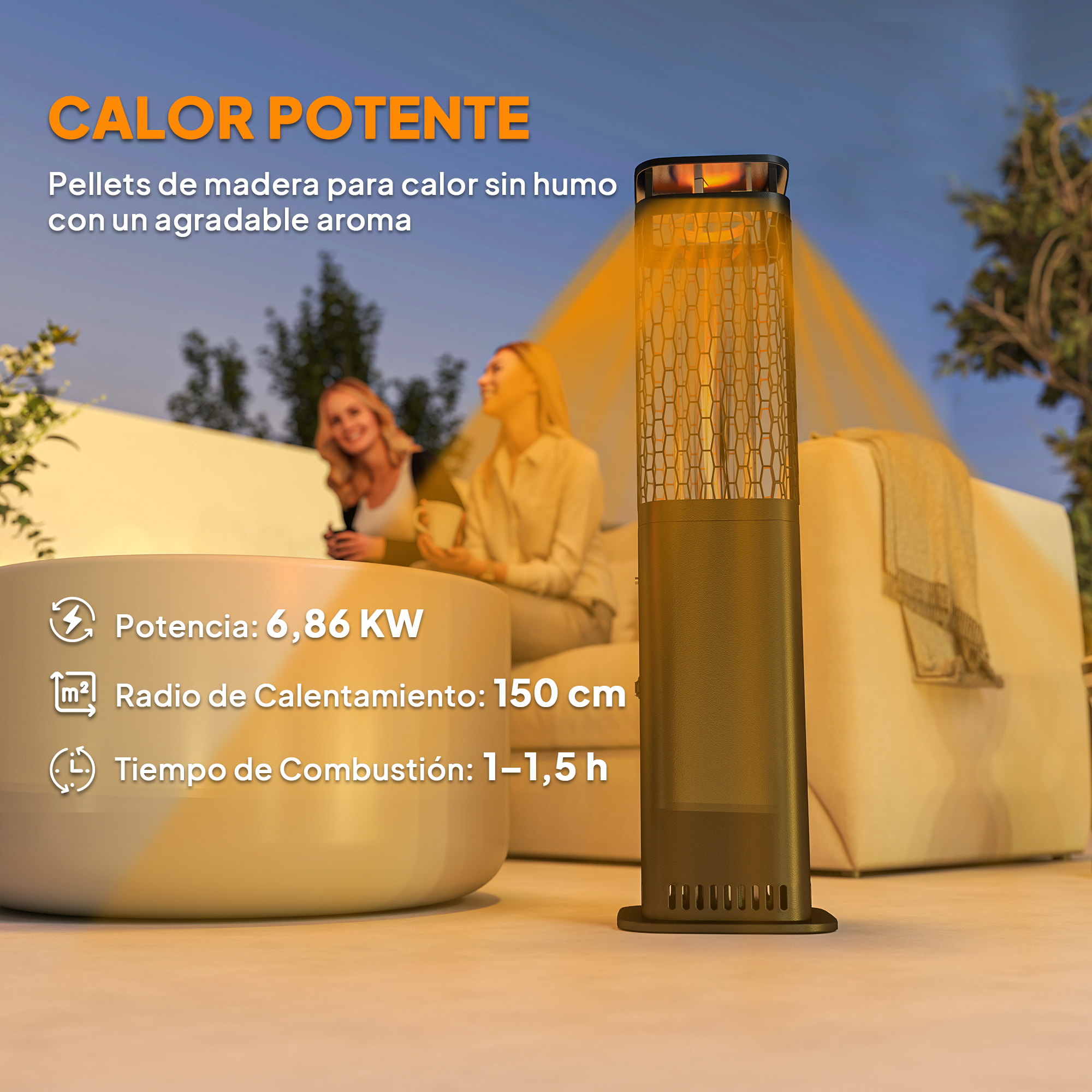 Estufa de Pellets, 6.86 KW, sin Electricidad, Estufa de Leña con Tubo de Vidrio, Base Antideslizante y Rejilla Metálica, Calefactor de Pellets sin Humo para Jardín, Terraza, Exterior, Negro