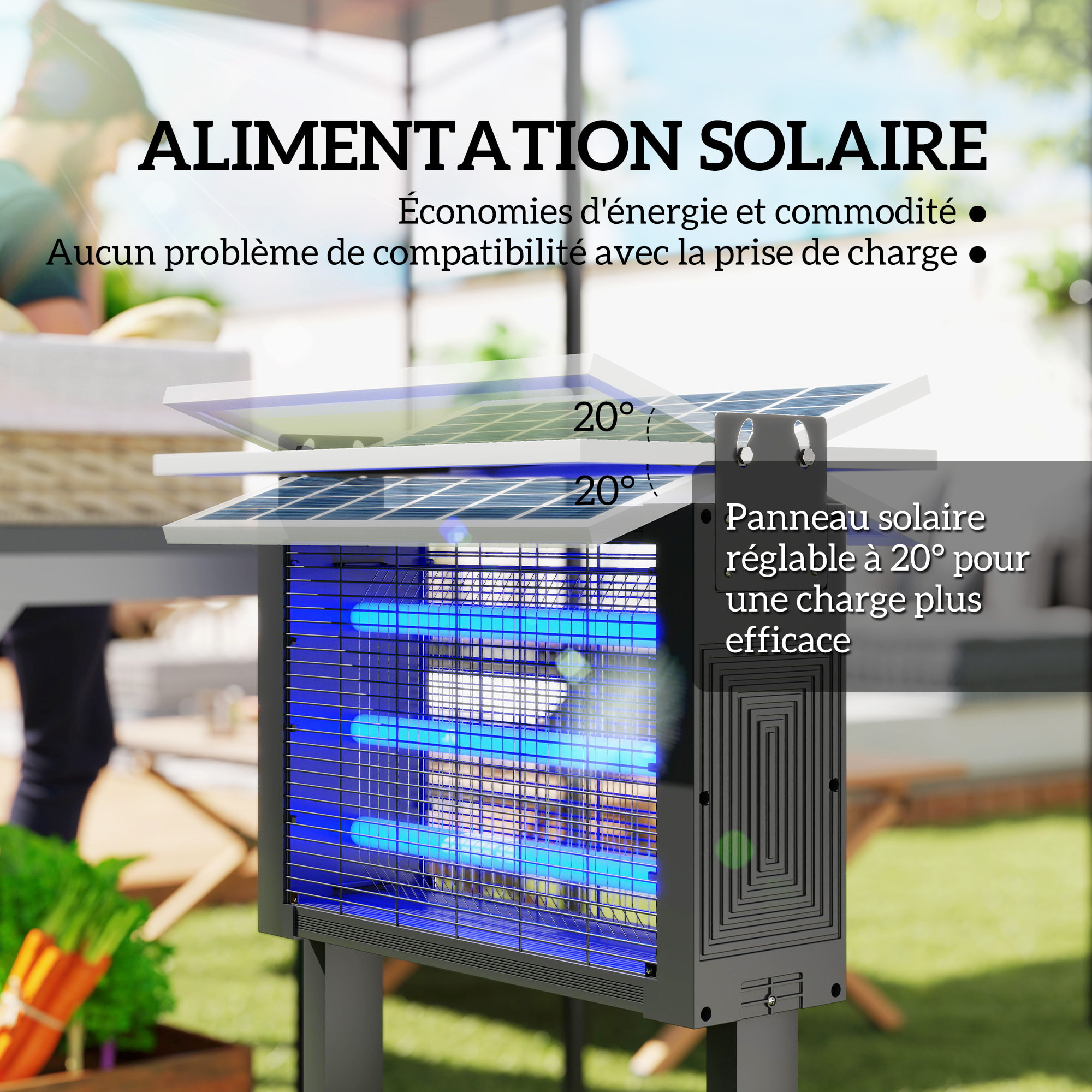 Lampe anti-moustique 25W LED solaire autoportante H. 93 cm - lampe anti-insectes - lampe UV piège à insectes - noir