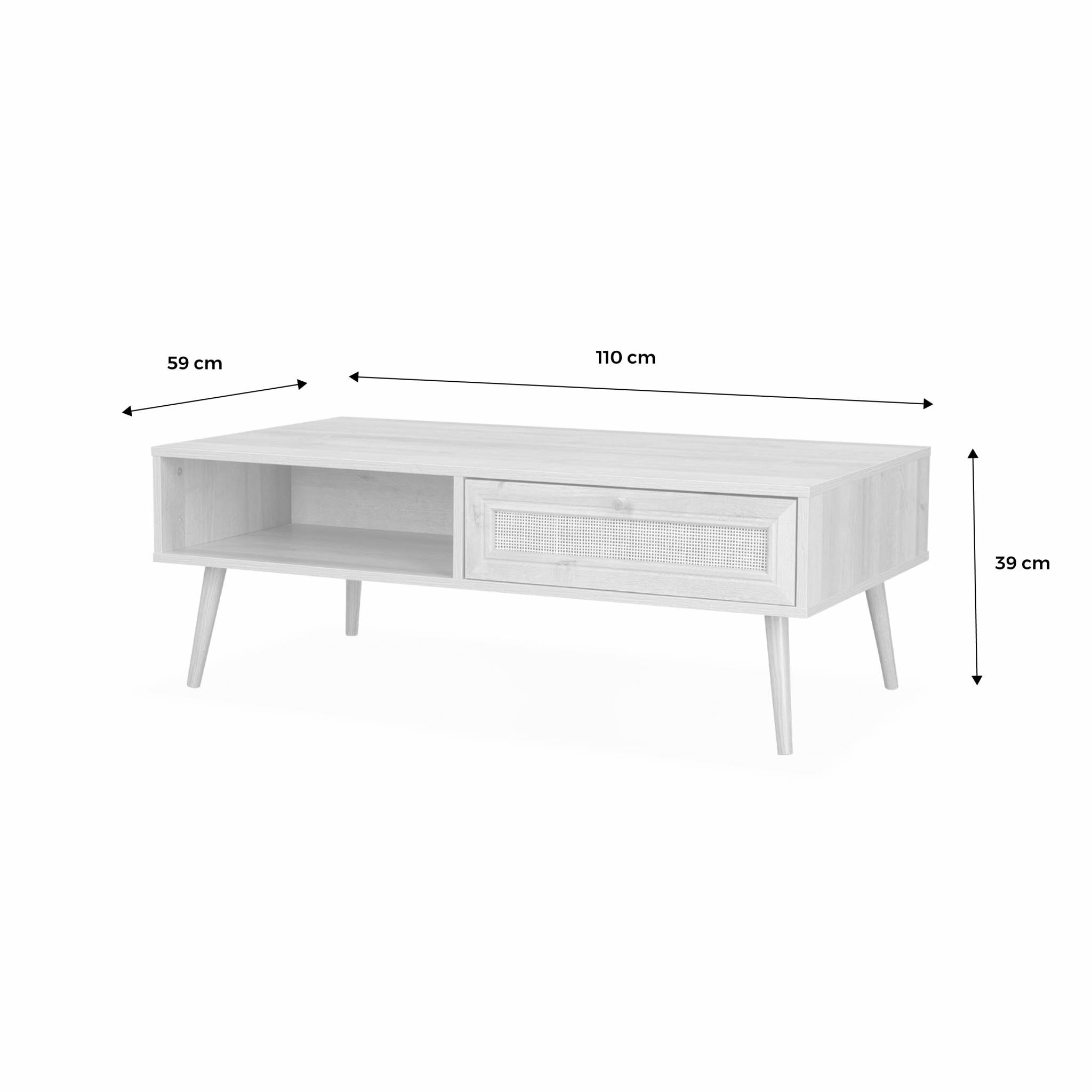 Table basse en cannage 110x59x39cm - Bohème - Blanc. 1 tiroir. 1 espace de rangement. pieds scandinaves