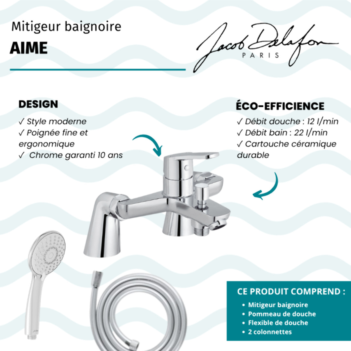 Mitigeur baignoire Aimé + pommeau de douche Juliette + flexible de douche lisse + colonnettes