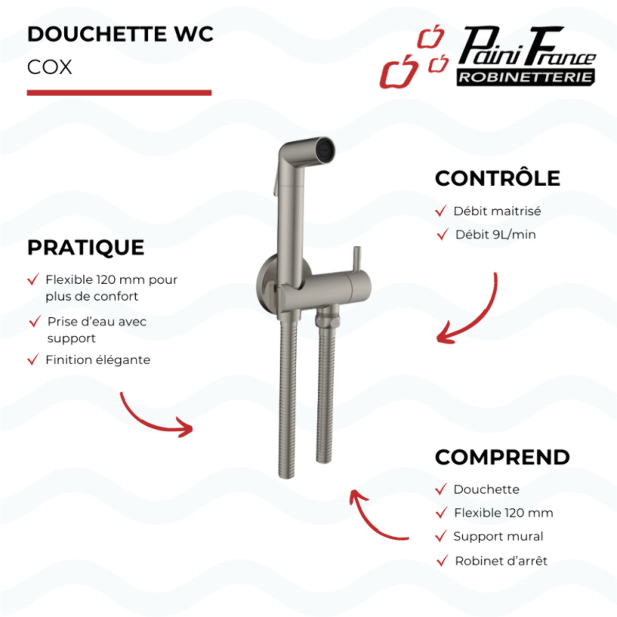 Douchette WC PAINI Cox ronde + Support + Flexible inox brossé