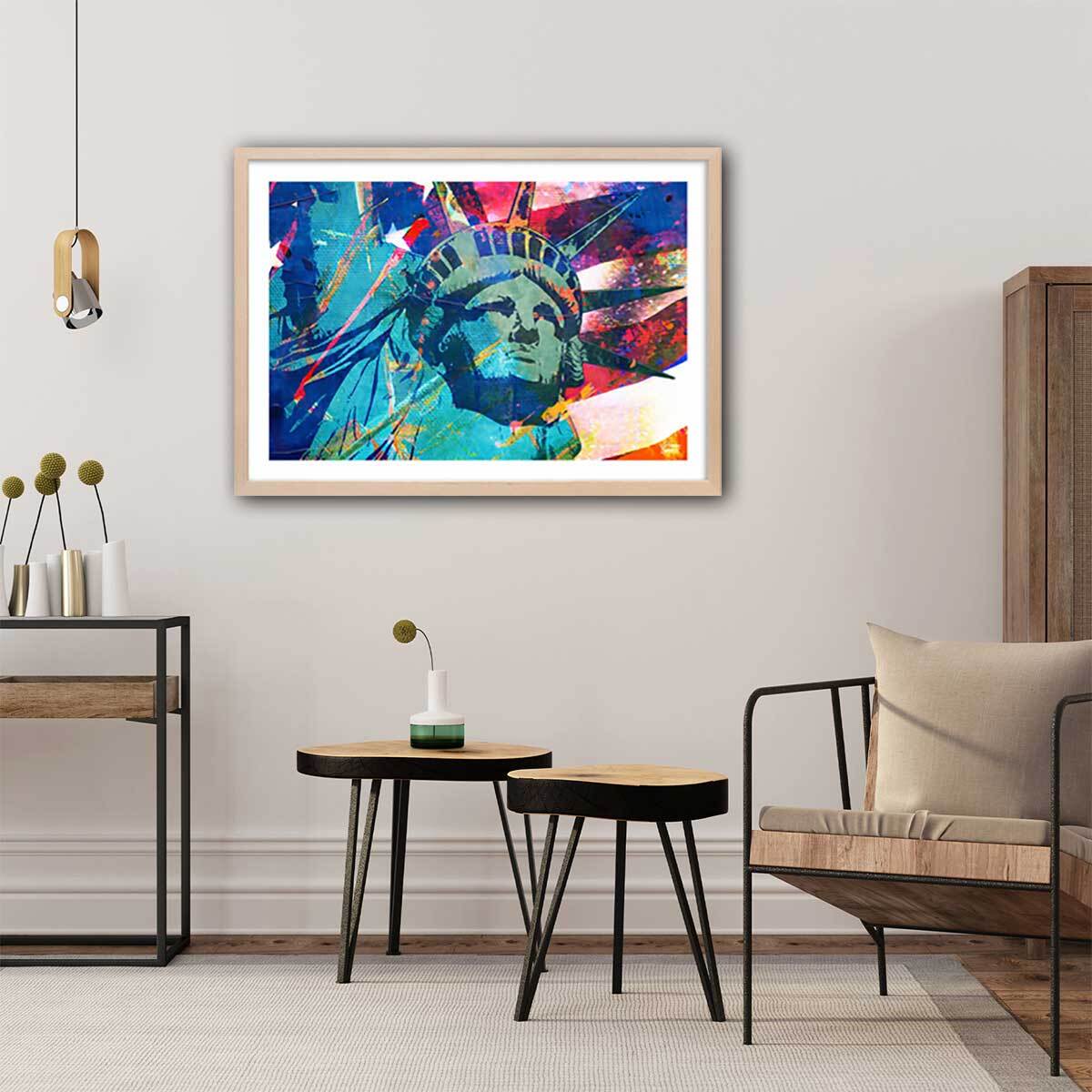 Affiche illustration graffiti statut de la liberté Affiche + cadre en bois - Chêne