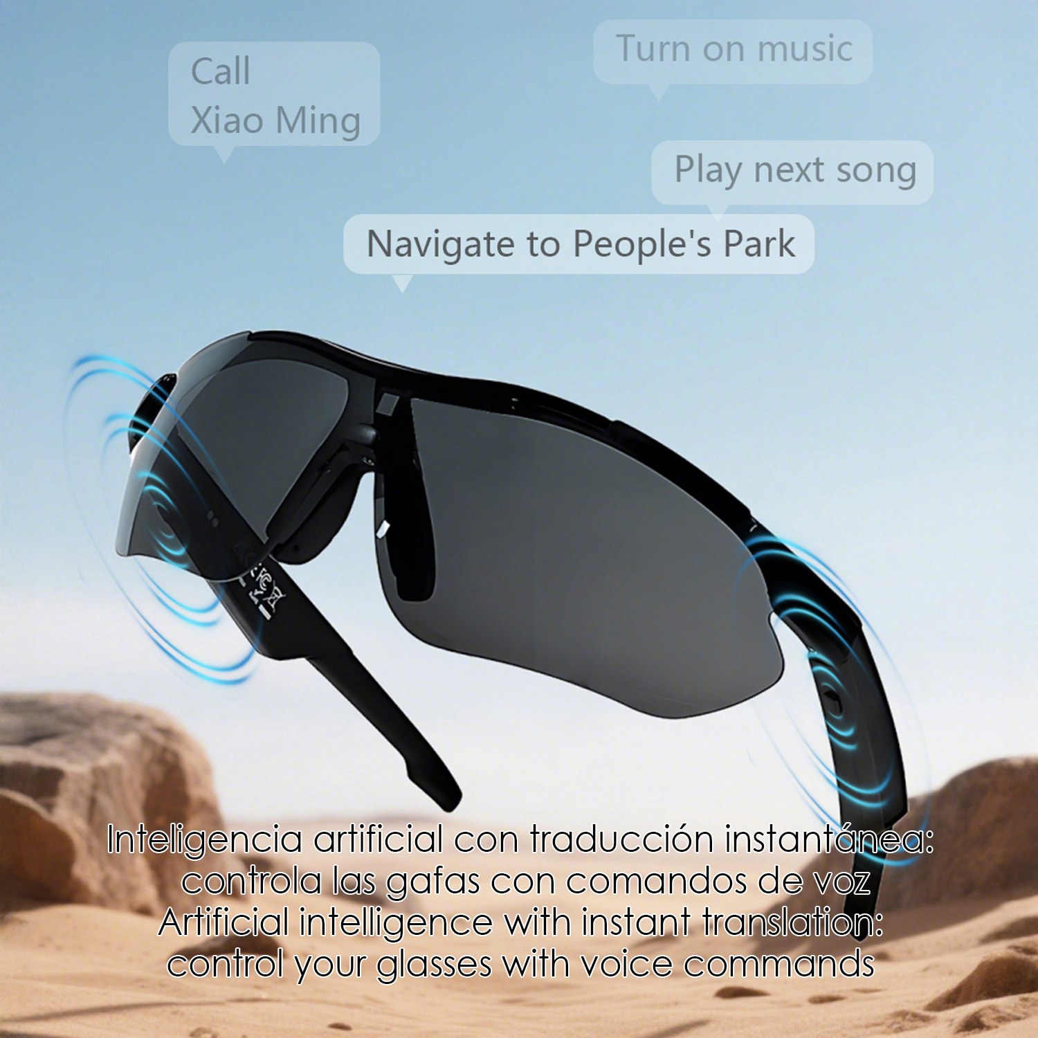 Occhiali sportivi intelligenti QY PRO 3. Assistente vocale intelligente, traduzione in tempo reale di oltre 100 lingue, controllo della musica/chiamate e lenti UV400.