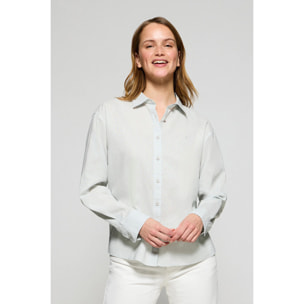 Camicia verde chiaro loose fit in lino e cotone con ricamo monogramma
