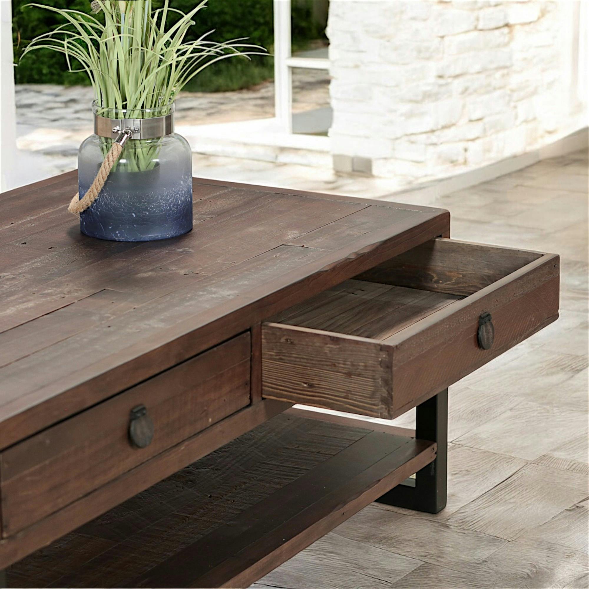 Table basse bois recyclé double plateau 2 tiroirs SAMOA