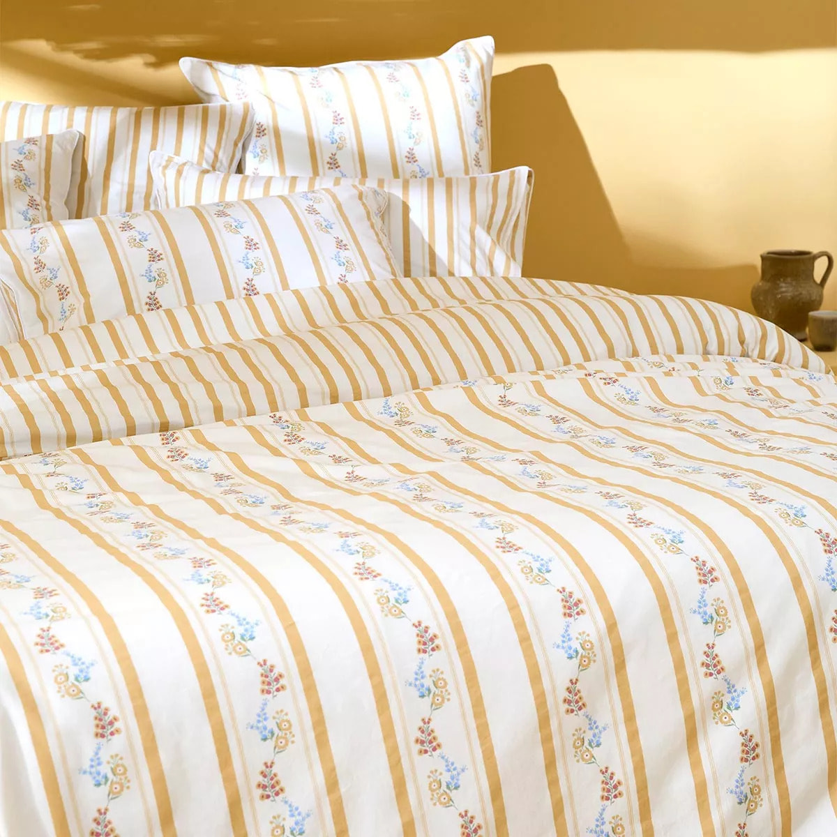 Lot h.couette +taies percale de coton lavé rayé jaune beige Honfleur paille