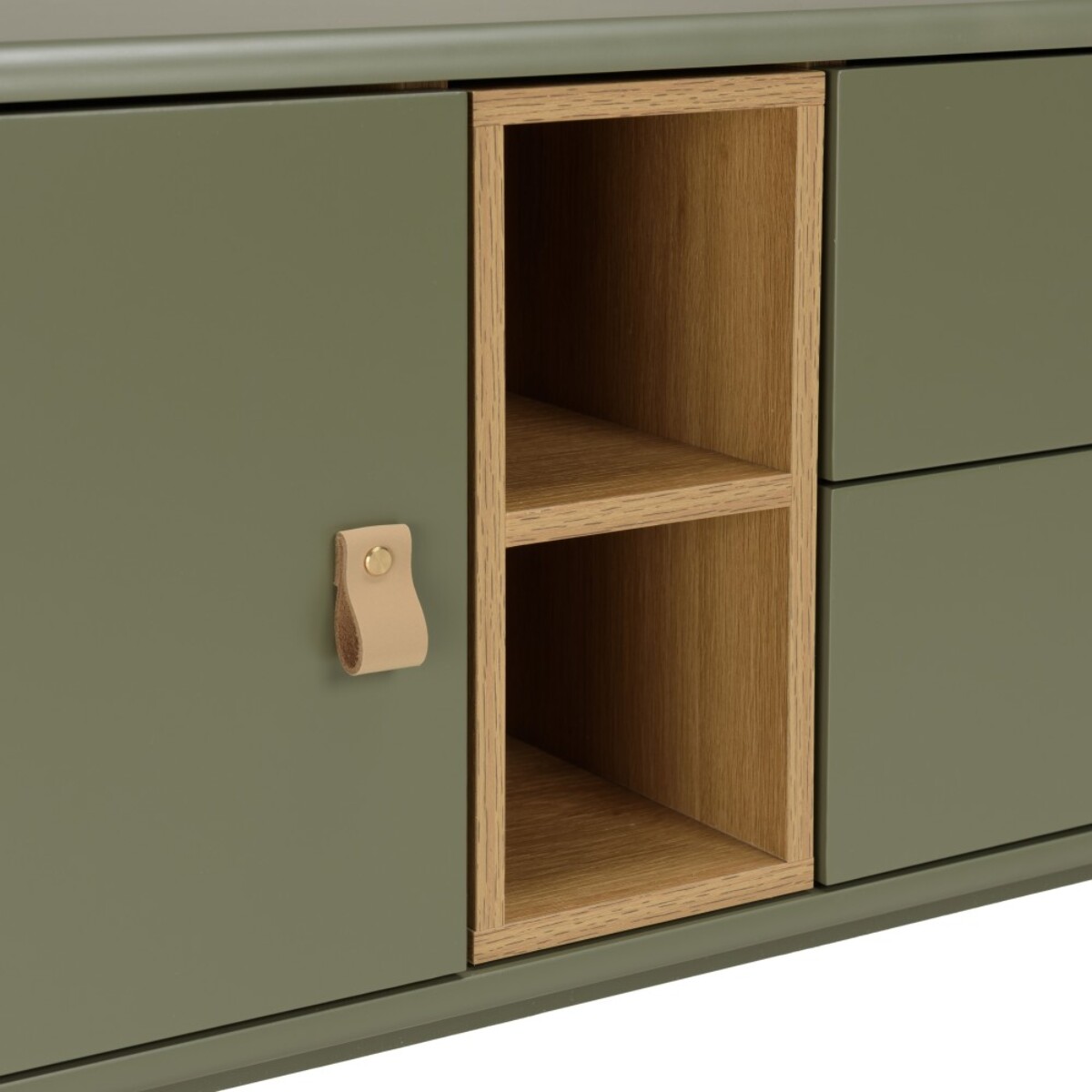 ETHAN - Meuble TV vert 1 porte, 2 tiroirs et 2 niches en bois naturel