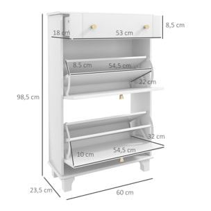 Mueble Zapatero Blanco Zapatero Estrecho con 2 Puertas Abatibles y 1 Cajón para 8 Pares de Zapatos para Entrada Pasillo 60x23,5x98,5 cm