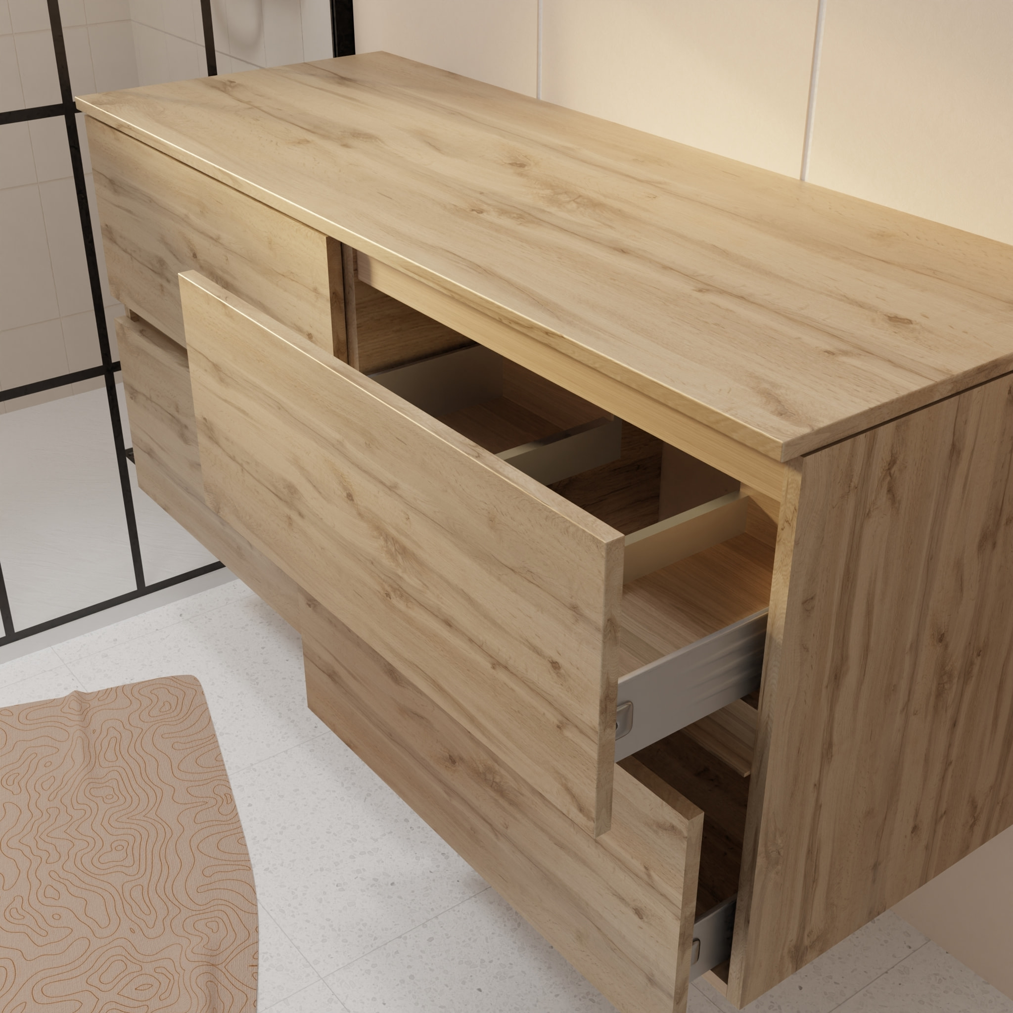 Meuble de Salle de Bains 120 cm à Tiroirs avec Plan Finition Chêne Naturel - TIMBER