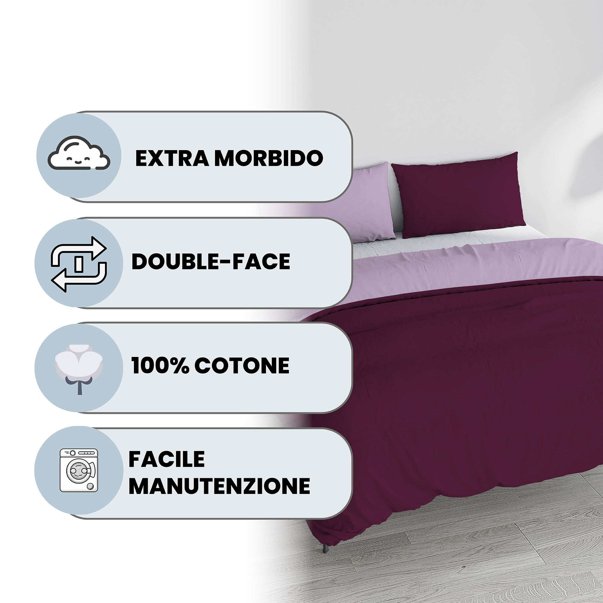 PARURE COPRIPIUMINO NATURAL COLOR, 100% Cotone, Made in Italy - PRUGNA/LILLA